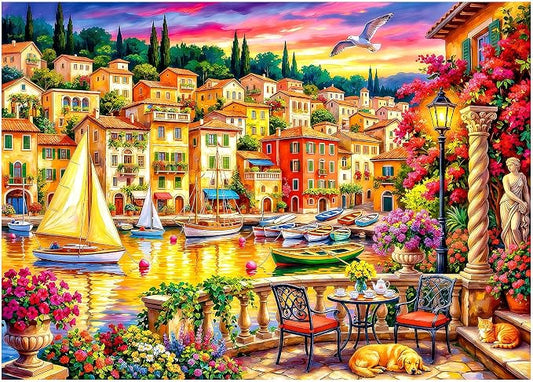 1000 Piece Puzzle for Adults, Seaside Harbor Sunset Jigsaw Puzzles for Adults 1000 Pieces, Fun Challenging Family Landscape Puzzle with Letters on Back, Colorful Harbor Houses Puzzles for Adults