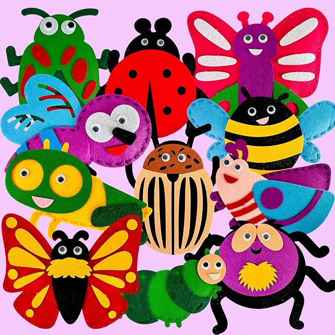 QUOKKA Kids Crafts Ages 4-8, DIY Beginner Needle and Thread Kit - 12 Bugs & Insects Sewing Kit Basic - Fun Art Crafts for Kids Ages 6-8 Girls Boys - Plastic Needles, Scissors - 6+ Year Old Girl Gifts