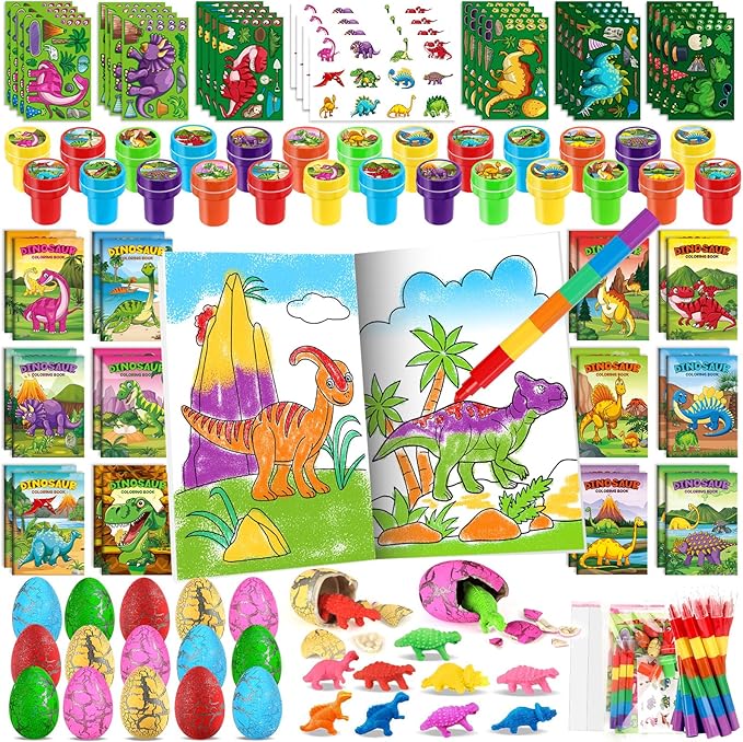 BenLouis 168Pcs Dinosaur Party Favors Dino Theme Coloring Books Crayons Sticker Set Bulk for Kids Jurassic Birthday Goodie Bag Stuffer Classroom Gifts Rewards Craft Pinata Fillers