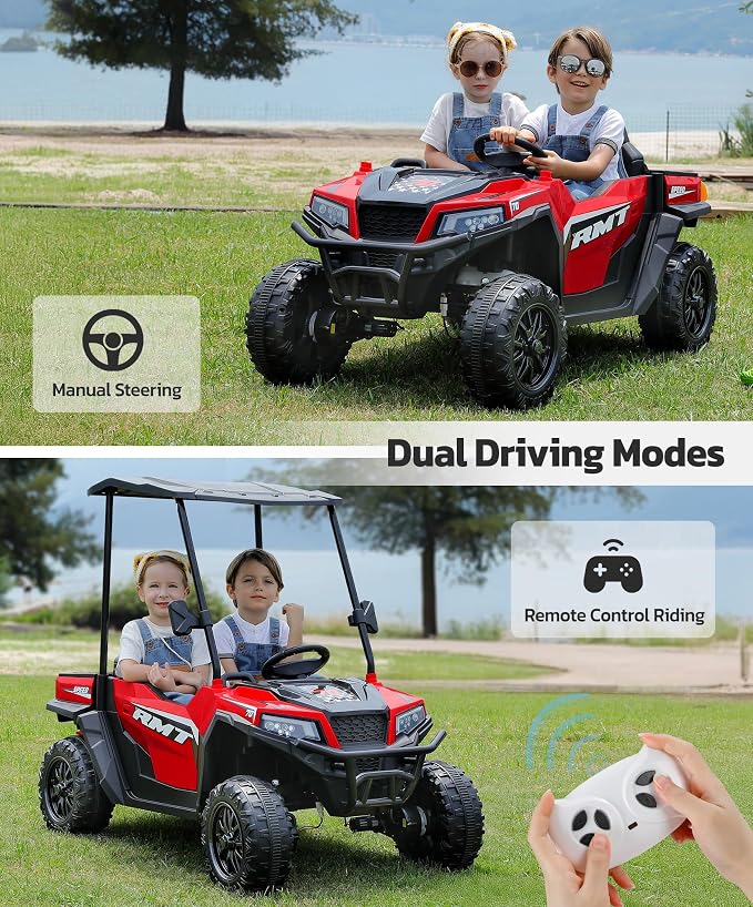 ELEMARA 24V Ride on Toy for Big Kids,Ride on Car 2 Seater w/Sun Shade,Dump Bed & Shovel,4.5MPH,4WD Electric Car for Kids,Battery Car w/Remote,Kids Ride on Truck,3 Speeds,LED Lights,Bluetooth, Red