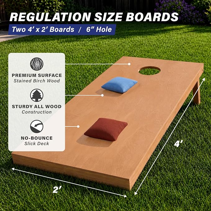 GoSports 4 ft x 2 ft Regulation Size Wooden Cornhole Boards Set with Light Brown Finish - Includes Carrying Case (Choose Your Colors)