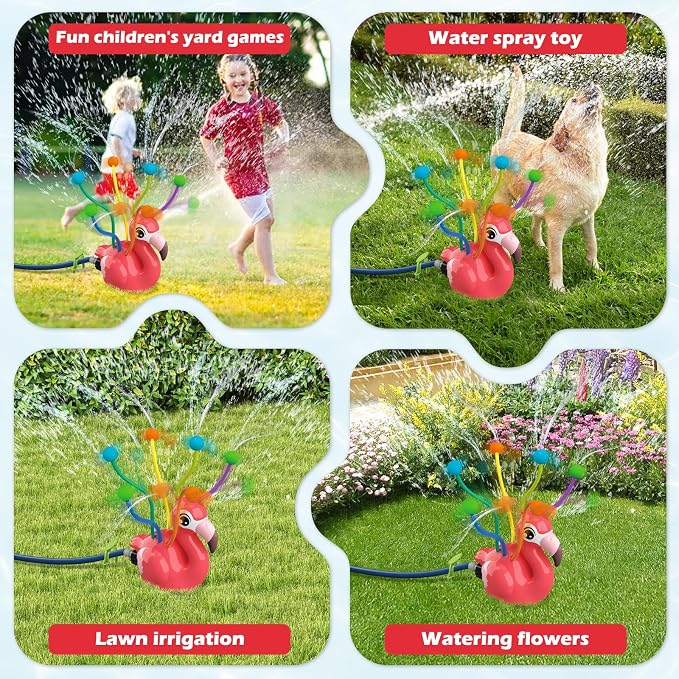 Water Sprinkler Toy for Kids, Outdoor Spinning Sprinkler with Wiggle Water Tubes, Connects to Garden Hose, Backyard Lawn Splash Toy for Summer Outdoor Play, Flamingo