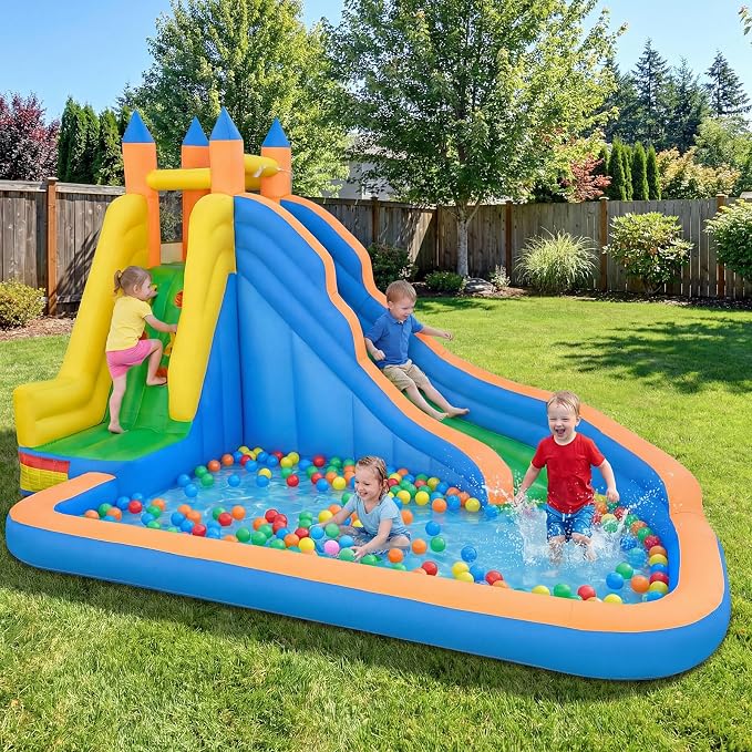 Costzon Inflatable Water Slide, Giant Bouncy Water Park Jump Castle Waterslide for Kids Backyard Outdoor Fun with Climbing Wall, Splash Pool, Blow up Water Slides Inflatables for Kids Party Gifts