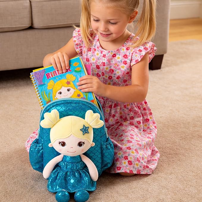 Lazada Toddler Backpack - Baby Girl Gifts Plush Doll Dress Backpack - Fashion Girls Tina Fish Scale Series - Blue 11Inches