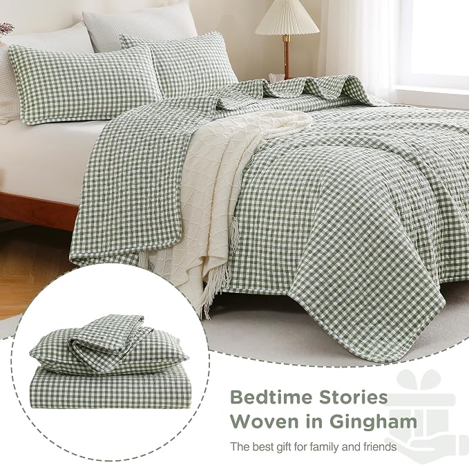 TOCOMOA Green Brown Gingham Quilt Bedding Set 100% Washed Cotton Bedspread Coverlet Like Linen Feel Soft Comfy Breathable 3 Pcs Plaid Checkered Lightweight Comforter Set for All Season, King 106"x96"