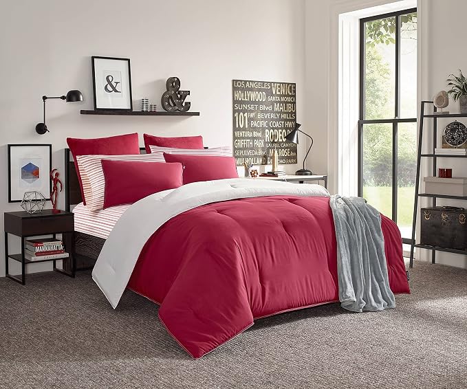 Nautica - Full Sheets, Cotton Percale Bedding Set, Casual Home Decor, Dorm Room Essentials (Coleridge Stripe Red, Full)