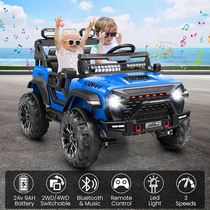 Hikole 24V 2 Seater Ride-on Car with Remote Control, Electric Car for Kids, 4x100W Motor, Spring Suspension, LED Headlights, Music, Power Wheel for Boys and Girls, Blue