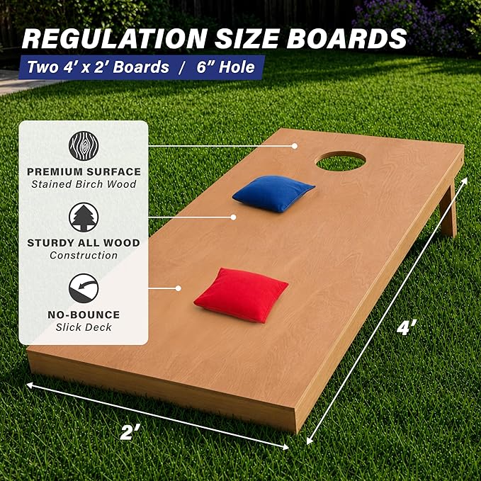 GoSports 4 ft x 2 ft Regulation Size Wooden Cornhole Boards Set with Light Brown Finish - Includes Carrying Case (Choose Your Colors)