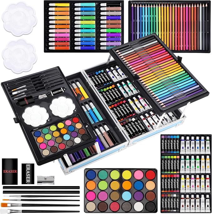 Halobios Art Supplies, 144-Piece Deluxe Art Set Professional Art Kit with Portable Aluminum Case, Crafts Drawing Painting Kit for Gifts Adults Kids Artists