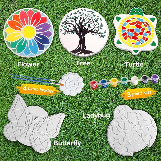 Paint Your Own Stepping Stones 5-Pack for Kids, Boys & Girls Ages 3-12, Butterfly, Turtle, Flower, Tree & Ladybug DIY Outdoor Garden Art & Craft Ceramic Painting Set for Birthday Summer Activity