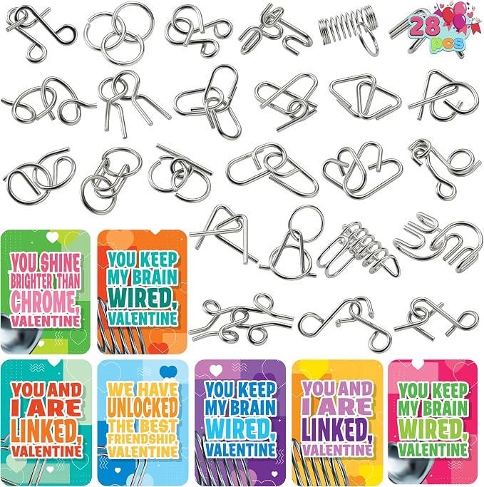 JOYIN 28PCS Valentine's Day Metal Wire Puzzles with Cards for Kids, Brain Teaser Puzzles with Explanation of the Solution and Valentine's Day Cards, School Classroom Boys Girls Exchange Gifts