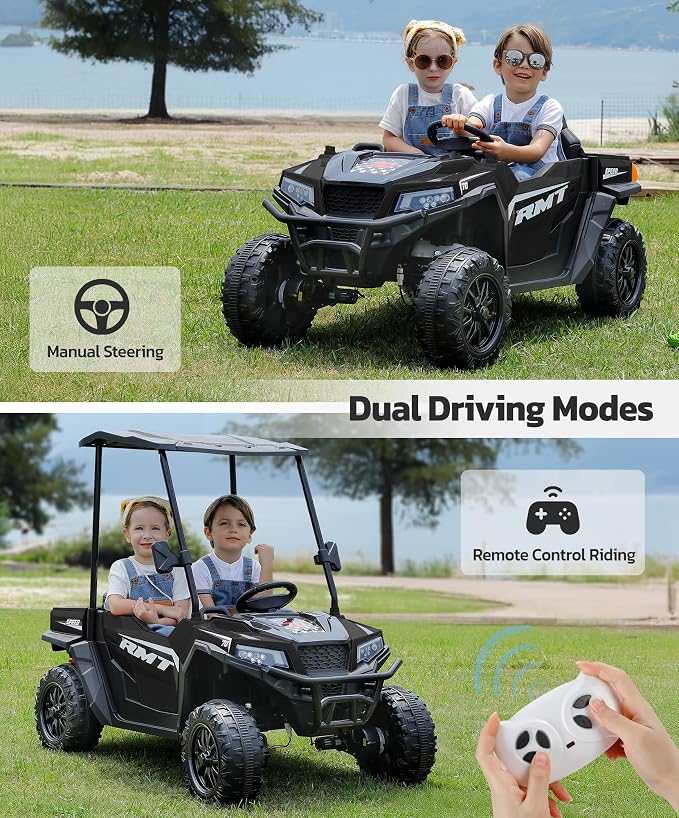 ELEMARA 24V Ride on Toy for Big Kids,Ride on Car 2 Seater w/Sun Shade,Dump Bed & Shovel,4.5MPH,4WD Electric Car for Kids,Battery Car w/Remote,Kids Ride on Truck,3 Speeds,LED Lights,Bluetooth, Black