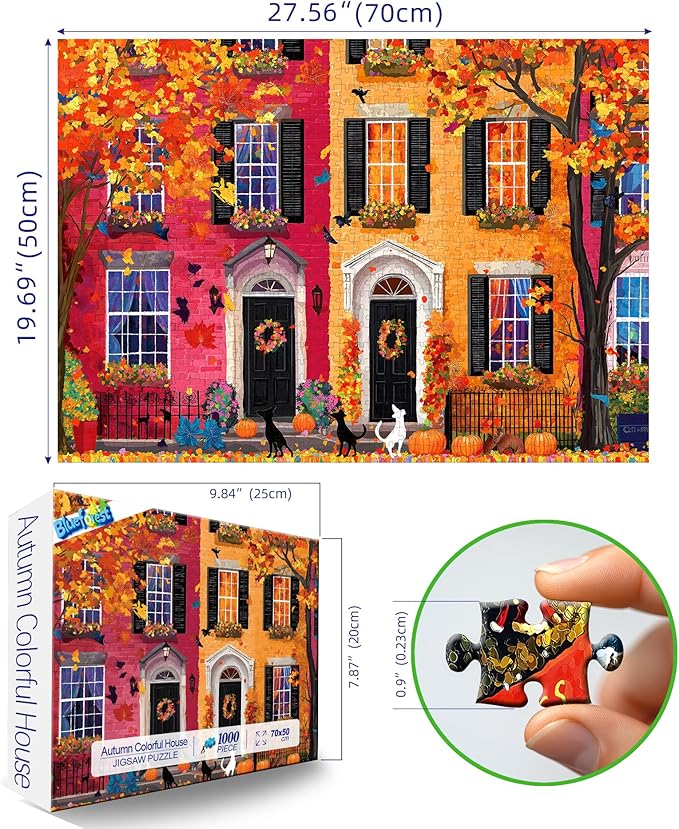 Colorful Autumn Street Scene 1000 Piece Puzzles for Adults Clearance, Funny Fall Harvest Theme Puzzles for Adults,27.5 * 19.7 in Dust Free, Stress Relief Ideal Gift for Family Games