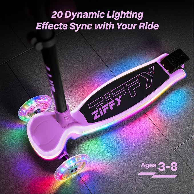JOVA ZIFFY Light-Up Toddler Scooters for Kids 3-8, 3 Wheel Kids Scooter for Boy Girl 110lbs, 20 Dynamic LED Lights, 4 Adjustable Height Ride-on Kick Scooter, Lean-to-Steer Anti-Slip Wide Deck
