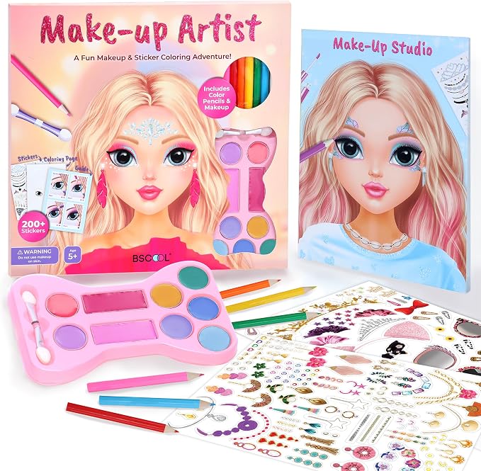 BSCOOL Make-up Artist. 3 in 1 Fun Makeup, Sticker, Coloring Kit, Includes Color Pencils, Makeup Palette, and 200+ Stickers. for Girls Ages 5,6,7,8. Make Up Style Coloring Book. Gift for Girls