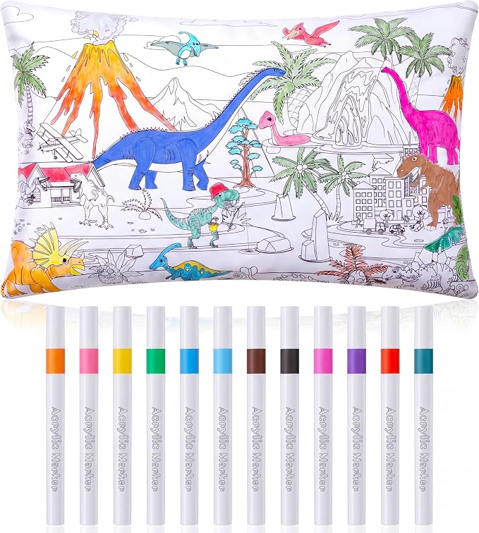 Mindsoft Coloring Craft Coloring Pillowcase Pillow Covers with 12 Pcs Markers Pens for Decoration Supplies Craft, 28.7 x 19.7 Inch (Dinosaur)