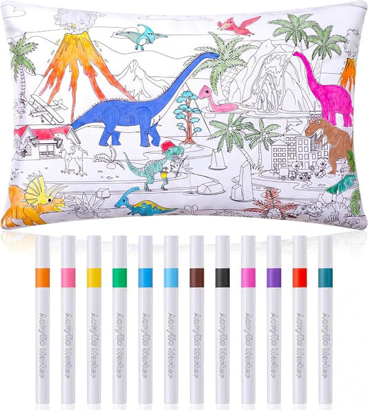 Mindsoft Coloring Craft Coloring Pillowcase Pillow Covers with 12 Pcs Markers Pens for Decoration Supplies Craft, 28.7 x 19.7 Inch (Dinosaur)