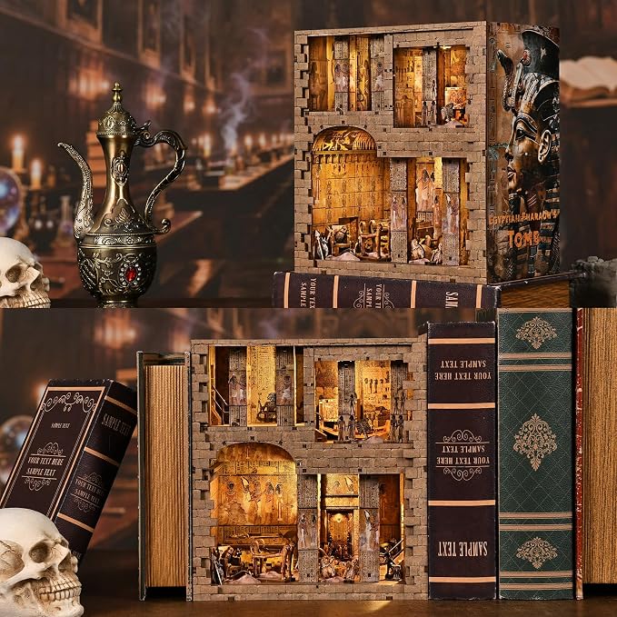 fifijoy Book Nook Kit - DIY Miniature House Dollhouse Kit for Adults and Teens, 3D Wooden Puzzle Booknook Build Bookshelf Decor with LED Light, Gifts for Family and Friends (Egyptian Pharaoh's Tomb)