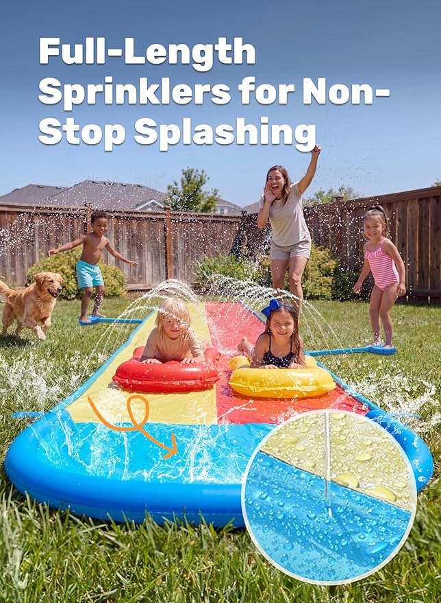 Sloosh 22.5FT Lawn Water Slide with Water Stomp, Slip Waterslide with 2 Bodyboards Summer Toy with Build in Sprinkler for Backyard Outdoor Fun for Kids