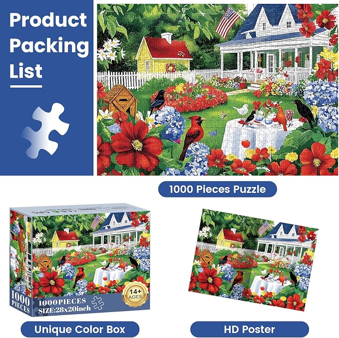 1000 Piece Puzzle for Adults, Beautiful Garden Scene Puzzles, Birds and Flowers Jigsaw Puzzles 1000 Pieces,Fun Landscape Puzzle for Adults Kids Seniors,Challenging Family Game Great Gift Idea,28*20 in