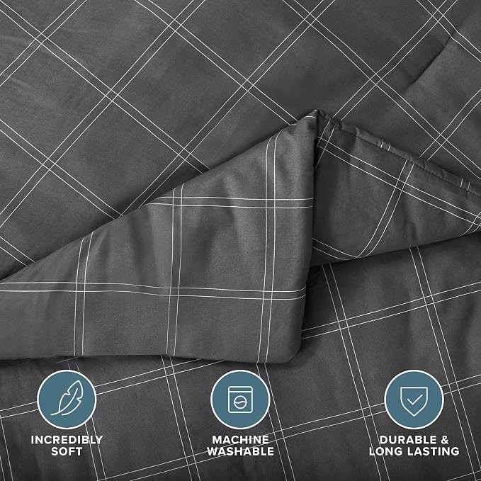 Bare Home Bed-in-A-Bag 7 Piece Comforter & Sheet Set - Queen - Track Stitch - Goose Down Alternative - Ultra-Soft 1800 Premium - Bedding Set (Queen, Modern Plaid - Grey/White)