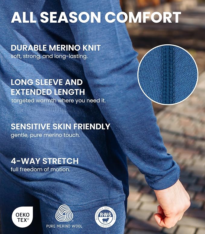 Merino.tech Merino Wool Base Layer Mens Set - Heavyweight, Midweight, Lite Merino Wool Thermal Underwear For Men Top, Bottom