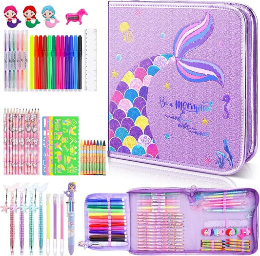 MAIGOZON Mermaid Gifts for Girls - 56 PCS Scented Markers Art Supplies Set for Kids Ages 4-8, Coloring Drawing Kit with Glitter Mermaid Case & Quick-Dry Gel Pens, Birthday Christmas Gift