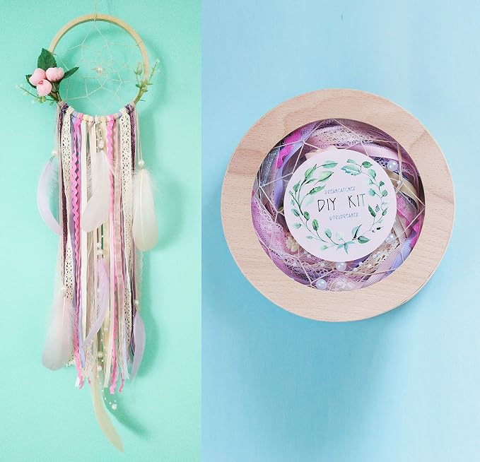 DIY dream catcher kit-Make your own dreamcatcher-Craft set for kids-Do It Yourself Pink dreamcatcher-Birthday party Activity Diam 6.2 inch(15.5cm) Floral Classic Dream catcher