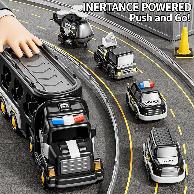 JUKUDAHU Police Truck Toy for 3 4 5 6 Years Old Boys - Carrier Vehicle Toy Set with 3 Small Cars and 1 Helicopter, Kids Firction Powered Car for Age 3-9, Gifts for Boys and Girls