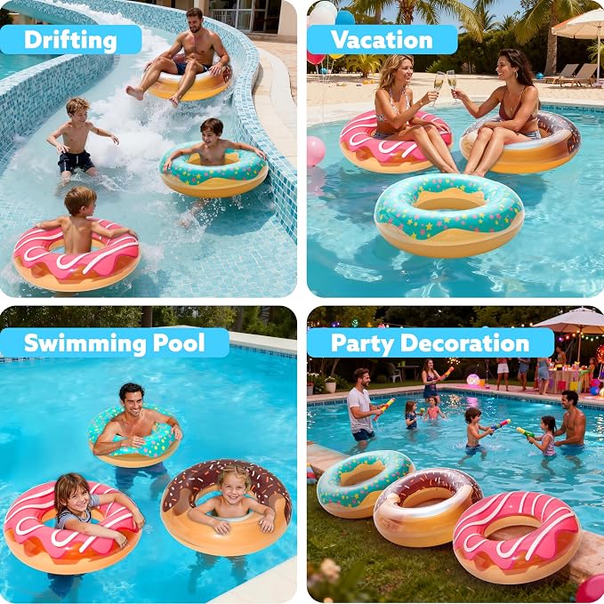 JOYIN Donut Pool Float 32” (3 Pack), Funny Pool Tube Toys for Swimming Pool Party and Donut Party Supplies