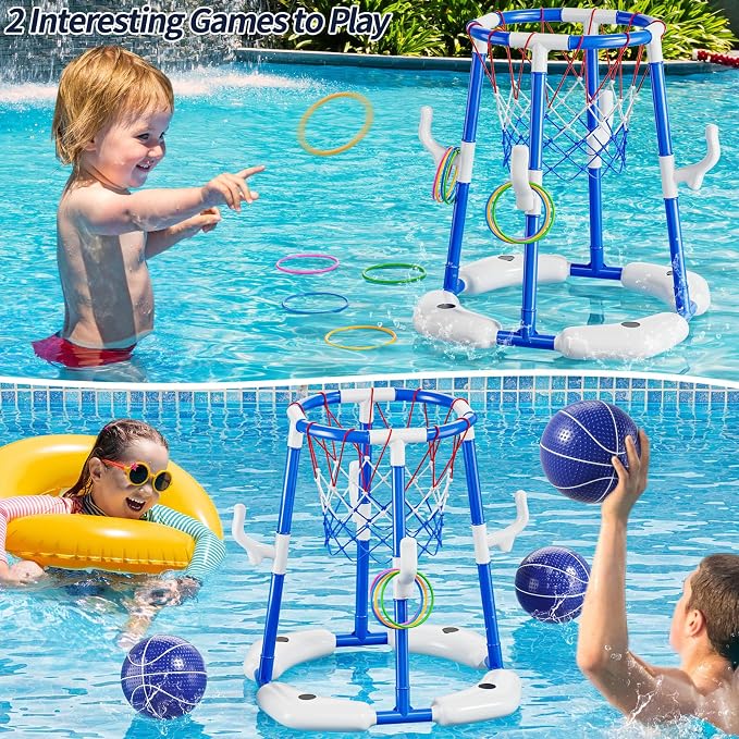 JUKUDAHU Pool Basketball Hoop, Boy Pool Toys for Kids Ages 4-8, 2-in-1 Floating Pool Ring Game with 4 Balls and Pump, Outdoor Swimming Water Play Toy, Summer Water Toys for Kids Adults Age 3-12