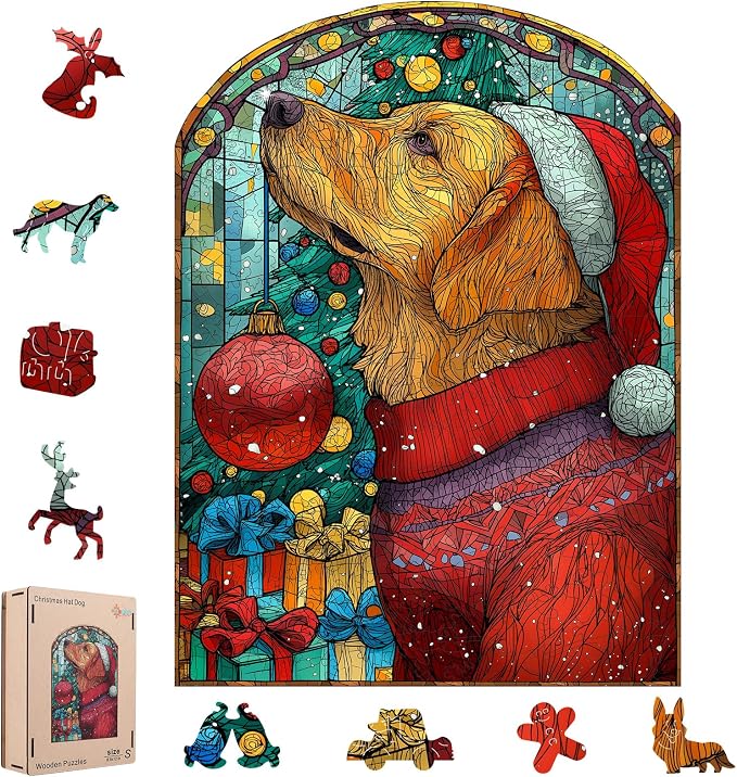 MEATRN Christmas Jigsaw Puzzles for Adults - Dog with Santa Hat 202 Pcs Unique Shaped Holiday Wood Puzzle with Wooden Storage Box, Festive Family Game Night for Art Lovers 8.9x12 Inch