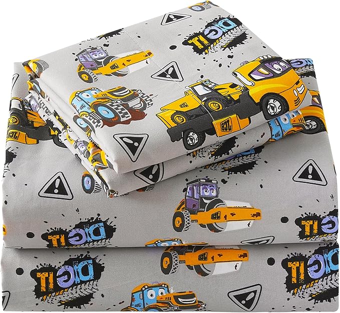 Viviland 3 Pieces Boys Grey Truck Twin Sheet Set - Soft Microfiber Fitted Flat Sheets & Pillowcase Bed Sheet Set - Heavy Duty Vehicle Print Bedding Sets for Kids