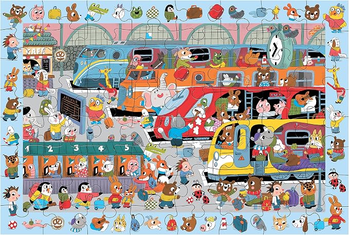 Mudpuppy All Aboard! — 64 Piece Search & Find Puzzle Jigsaw Puzzle Featuring A Busy Train Station with Adorable Animal Passengers and Over 40 Hidden Images to Find for Ages 4+