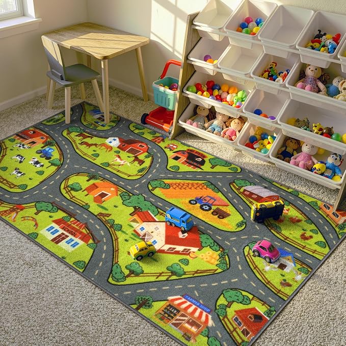 STARUIA Kids Rug Play Mat, 60"x32" Washable Car Rug for Toddlers, Educational Farm Road Play Rugs, Non-Slip Race Track Carpet for Kids, Kids Area Rugs for Playroom Bedroom Nursery