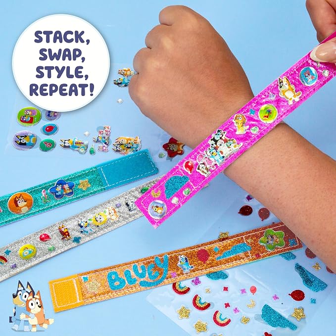 Bluey Sparkle Bracelet Making Kit, 4 Reversible Bracelets with Easy Closure, 100+ Traditional and Puffy Resin Stickers, DIY Bluey Jewelry, Arts and Crafts for Kids Age 8-12, Toddler Gifts