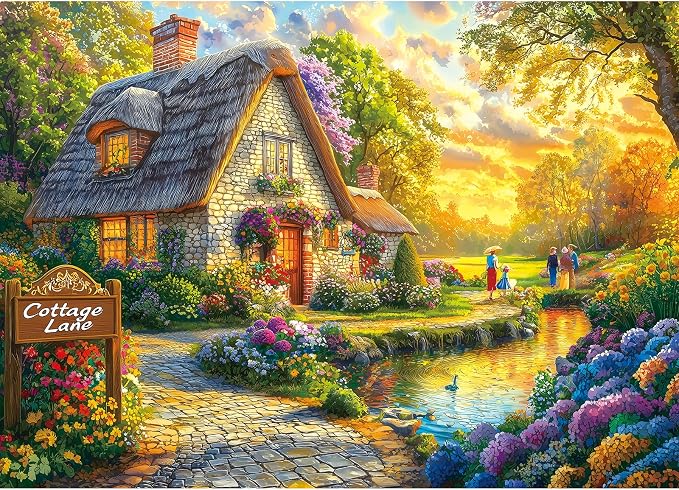 Fairy Tale Cottage 1000 Piece Jigsaw Puzzle for Adults - Scenic House Garden with Sunset & Colorful Flowers Landscape Challenging Puzzle Games Fun Family Activity （27.6" x 19.7"）