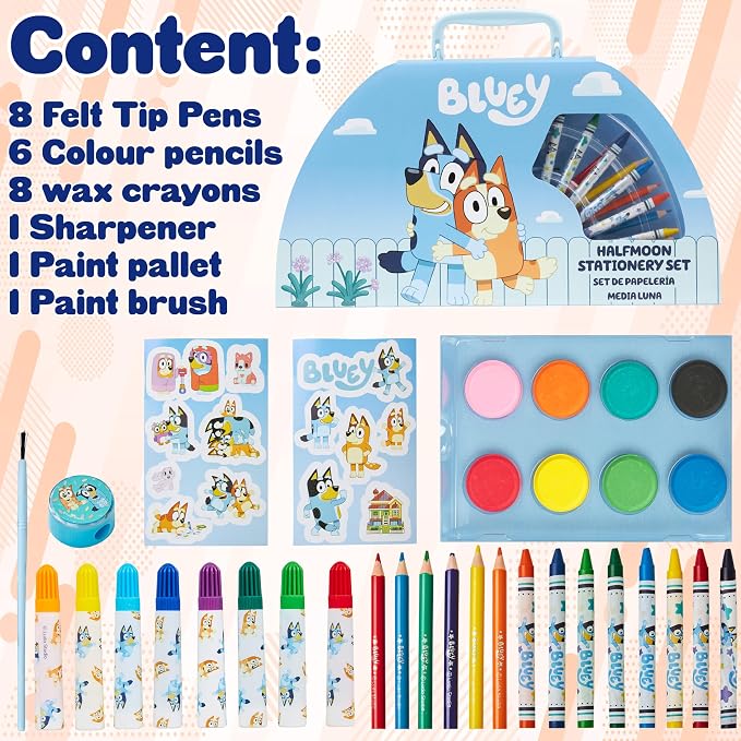 Bluey Colored Pencils Art Supplies for Boys Girls Drawing Kit Painting School Supplies Art Kit Travel Case Gifts for Kids (Blue Halfmoon Case)