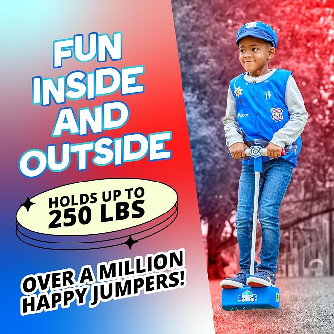 Flybar My First Foam Pogo Jumper for Kids Fun and Safe Pogo Stick for Toddlers, Durable Foam and Bungee Jumper for Ages 3 and up, Supports up to 250lbs (Blue Police)