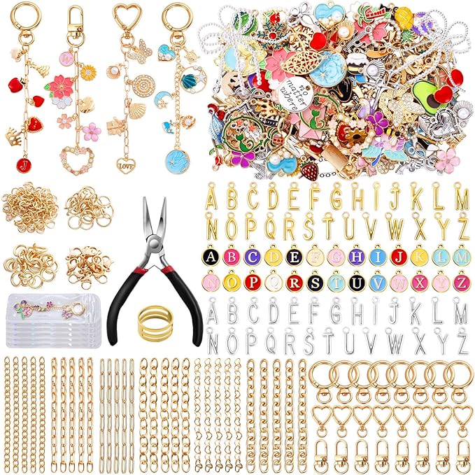 Wurosi 544Pcs Charms Lip Gloss Keychain Making Kit, Bag Charm Kits with Key Chain Hooks, Charms, Chains, Jump Rings, Lobster Clasps, Plier, Gift Bags & Tools, DIY Craft Supplies