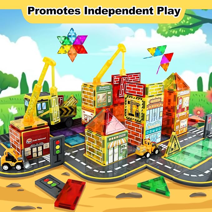 Drofex Magnetic Tiles Road Set with 2pcs Magnetic Crane, Creative Construction Toys for Kids Ages 3-12, Boys & Girls, Engineering Themed Magnetic Building Blocks