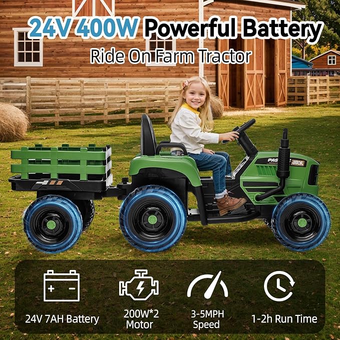 24V Ride on Tractor with Trailer, 400W Electric Car for Kids, Toddler Ride On Toy W/Remote Control, 3 Speed Adjustable, MP3, Bluetooth, LED Light, Blue