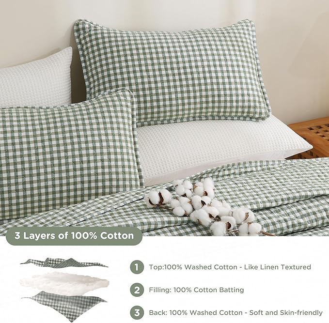 TOCOMOA Green Brown Gingham Quilt Bedding Set 100% Washed Cotton Bedspread Coverlet Like Linen Feel Soft Comfy Breathable 3 Pcs Plaid Checkered Lightweight Comforter Set for All Season, Queen 96"x90"