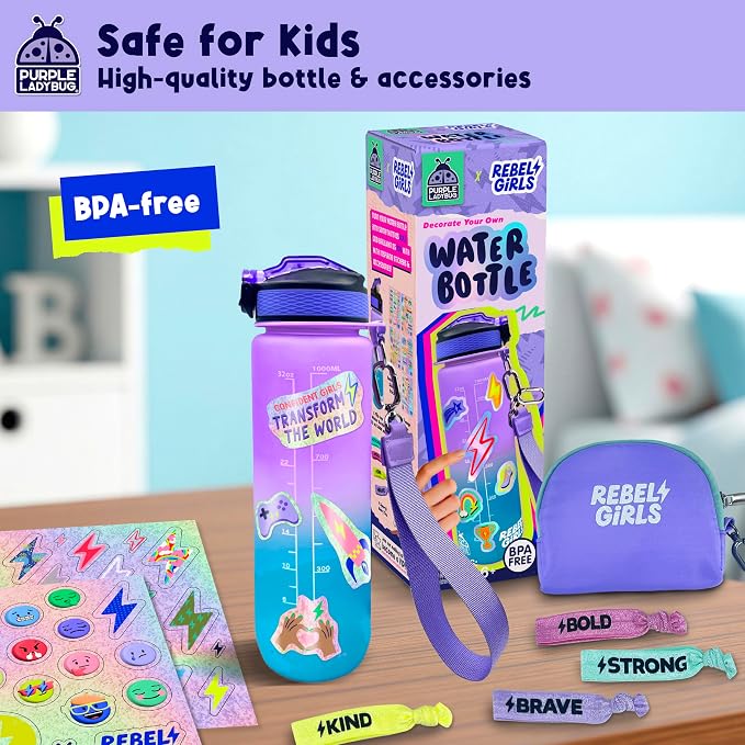 Rebel Girls Decorate Your Own Water Bottle - 32oz BPA Free Water Bottle for Kids with Motivational Stickers & More, Girls Birthday Gifts Age 6-7 8 9 10 11 - Teen Gift, Tween Girl Trendy Stuff
