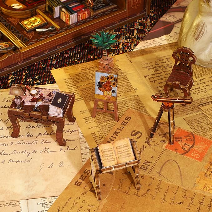 ISSEVE DIY Book Nook Kit, 3D Wooden Puzzle DIY Miniature House Kit for Booknook Shelf Insert Decoration, Magic Book House Stand Bookshelf Dollhouse for Adults with Sensor Light (Library of Books)