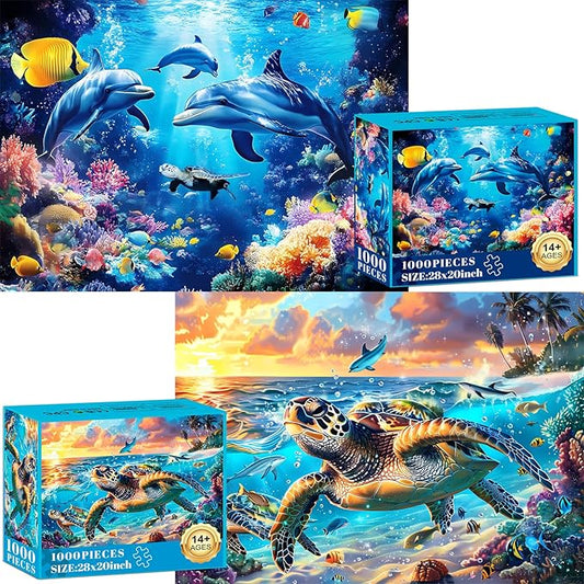 2 Pack Puzzles for Adults 1000 Pieces-Sea Turtle & Dolphins Difficult Jigsaw Puzzles for Adults,Hard Jigsaw Puzzle Decorations DIY Leisure Game Toy Suitable Family Friends(27.5x20 inches)