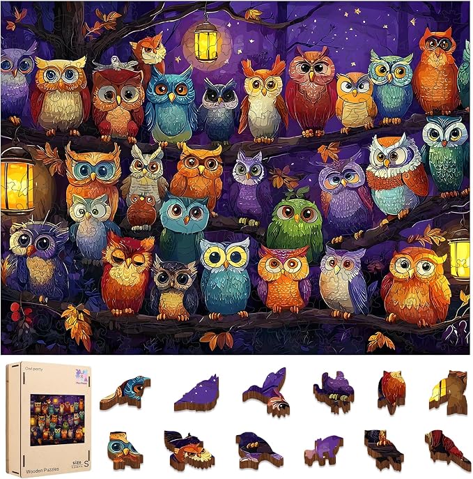 Mocfesk Wooden Puzzles for Adults, Owl Family Puzzles for Grandkids 200 Pieces, Unique Shaped Jigsaw Puzzles for Adults and Kids, Fun Family Game Home Decor 11.8'' x 8.9''