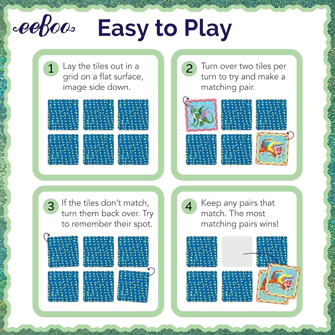 eeBoo: Memory and Matching Game - Shiny Dragons - 24 Pairs, Develops Recognition, Concentration, Memory & Vocabulary Skills, Age 3+