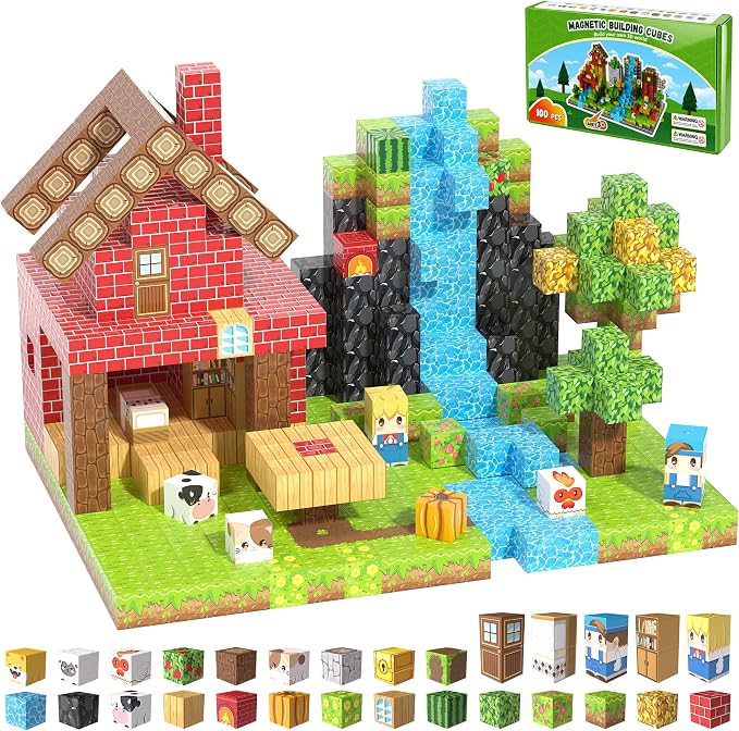 100PCS Magnetic Blocks, Magnetic Building Blocks, 0.98in Magnetic Building, STEM Game Stacking Toys for Kids, Birthday Gifts for Boys and Girls Age 3+ Years Old