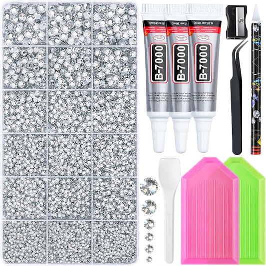 32000 Pcs Resin Jelly Rhinestones Kit, Sliver Clear 2/3/4/5/6mm Flatback Rhinestones with 3 Pcs B7000 Jewelry Glue & Tools, All-in-One Bedazzling Kit for DIY Arts & Crafts Gifts